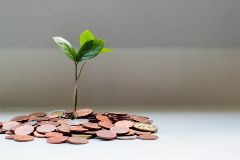 Plant growing out of coins with neutral background.